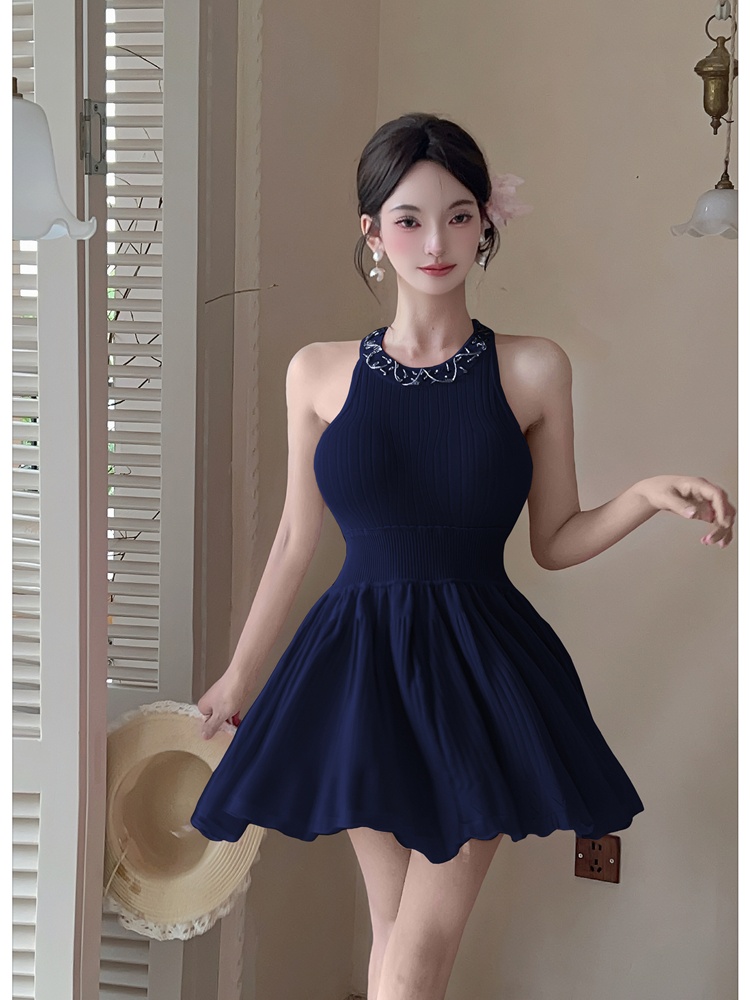 Light luxury knitted strap dress slim beading dress