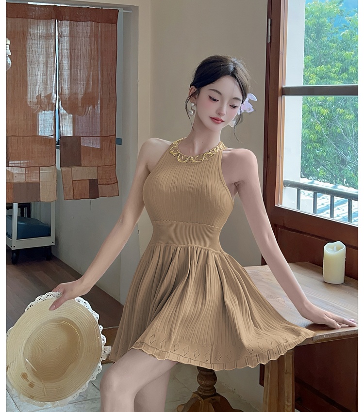 Light luxury knitted strap dress slim beading dress