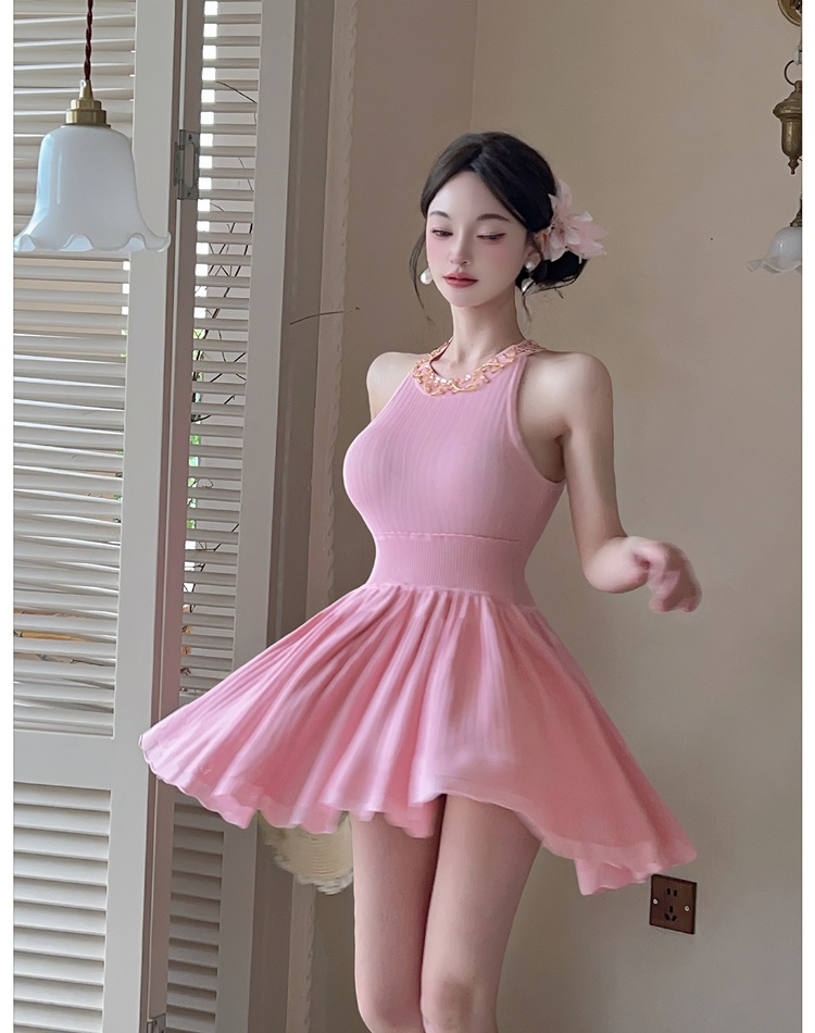 Light luxury knitted strap dress slim beading dress