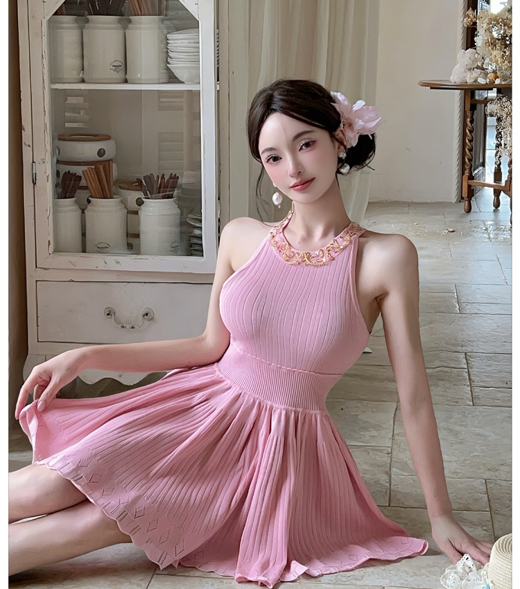 Light luxury knitted strap dress slim beading dress
