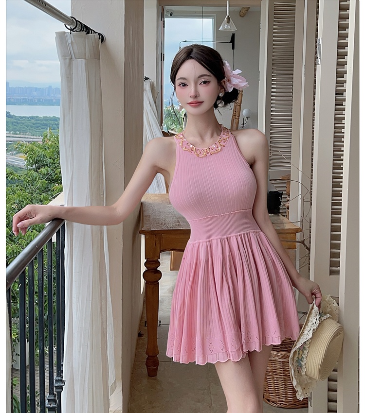Light luxury knitted strap dress slim beading dress