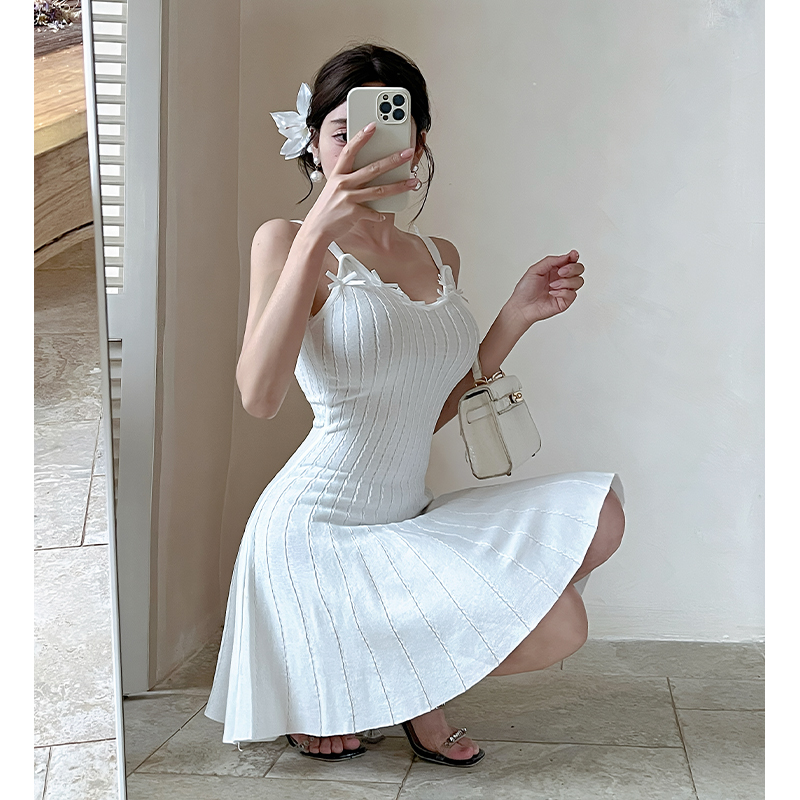 France style pinched waist summer bow dress for women
