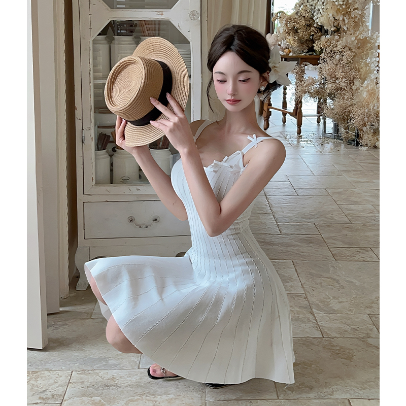 France style pinched waist summer bow dress for women