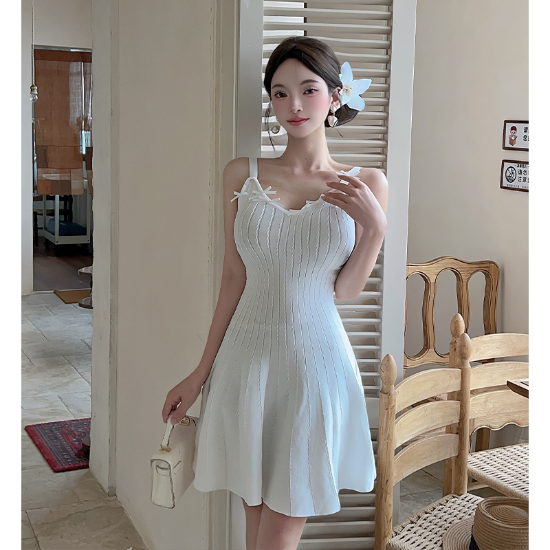 France style pinched waist summer bow dress for women