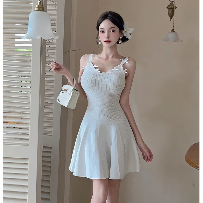 France style pinched waist summer bow dress for women