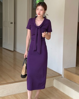 V-neck knitted long dress enticement temperament dress