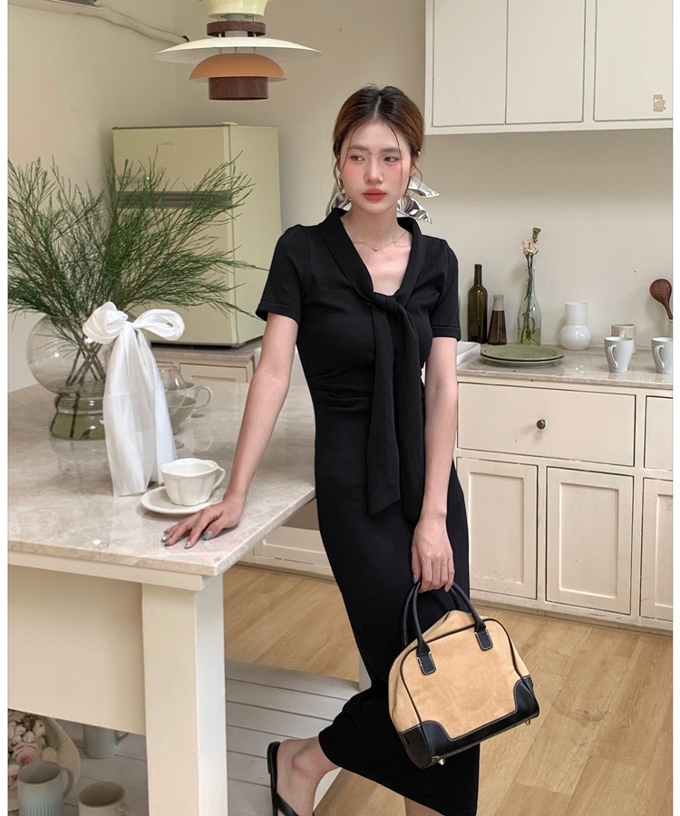 V-neck knitted long dress enticement temperament dress