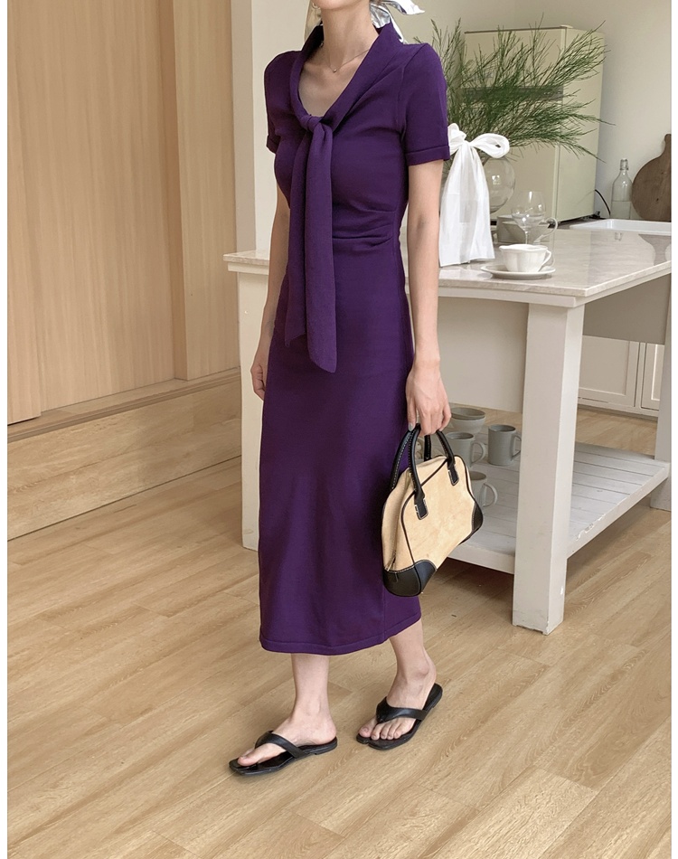 V-neck knitted long dress enticement temperament dress