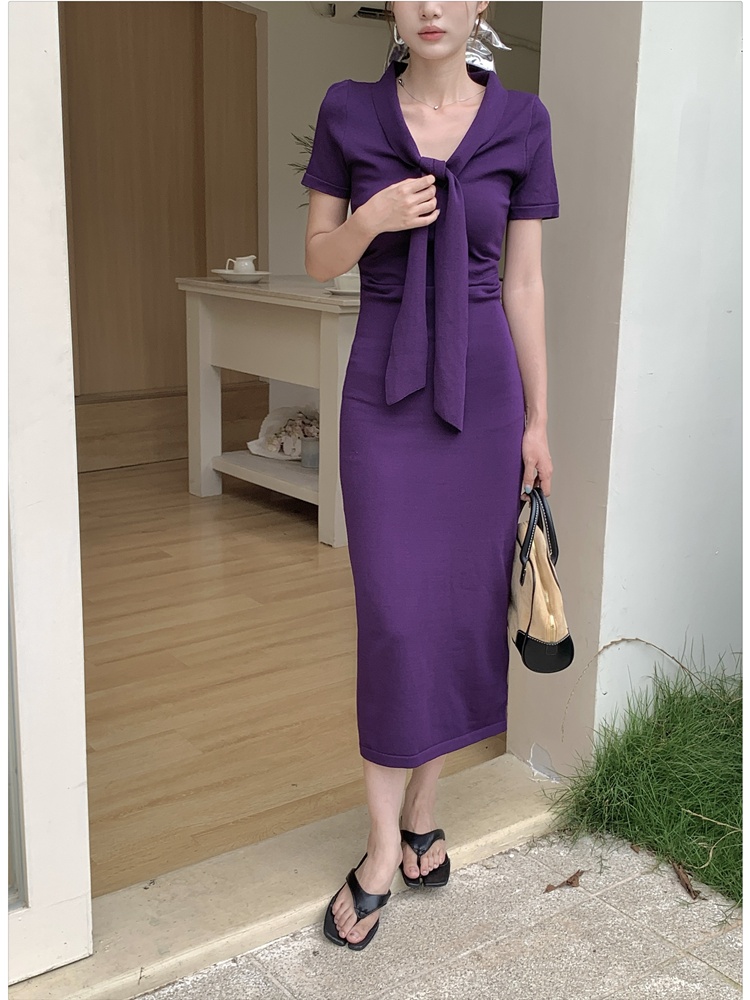 V-neck knitted long dress enticement temperament dress