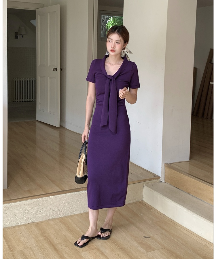 V-neck knitted long dress enticement temperament dress