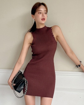 Knitted slim dress half high collar T-back for women