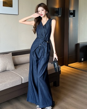 High waist temperament vest denim waistcoat 2pcs set for women