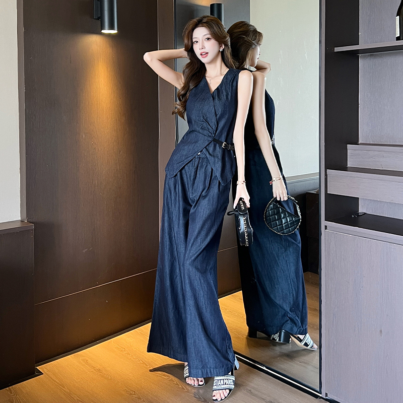 High waist temperament vest denim waistcoat 2pcs set for women
