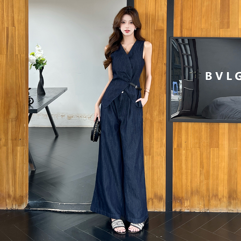 High waist temperament vest denim waistcoat 2pcs set for women