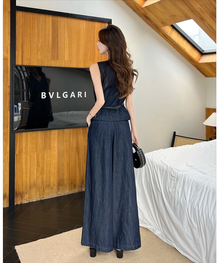 High waist temperament vest denim waistcoat 2pcs set for women