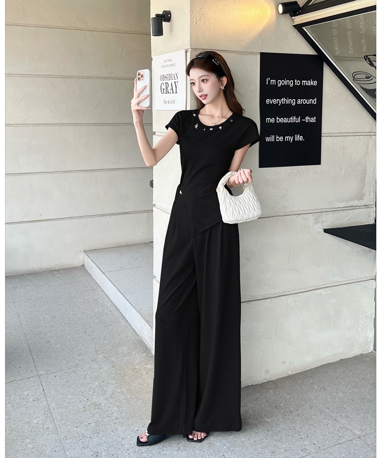 Loose wide leg long pants high waist tops 2pcs set