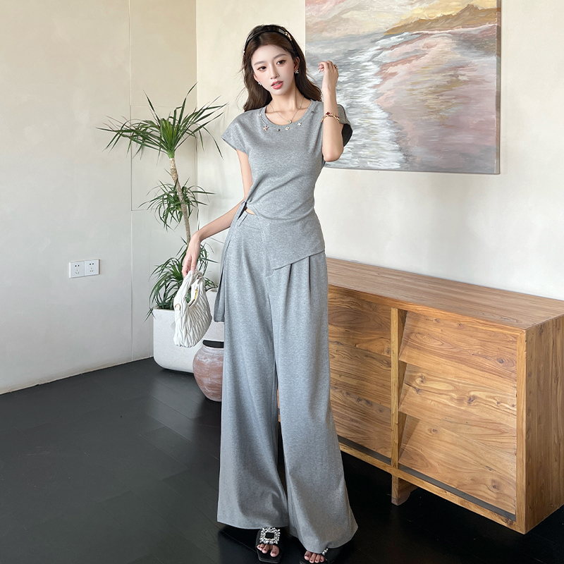 Loose wide leg long pants high waist tops 2pcs set