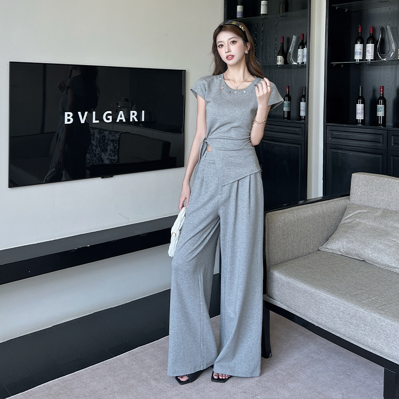 Loose wide leg long pants high waist tops 2pcs set