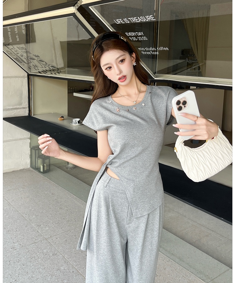 Loose wide leg long pants high waist tops 2pcs set