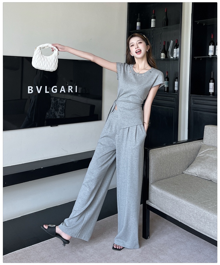 Loose wide leg long pants high waist tops 2pcs set