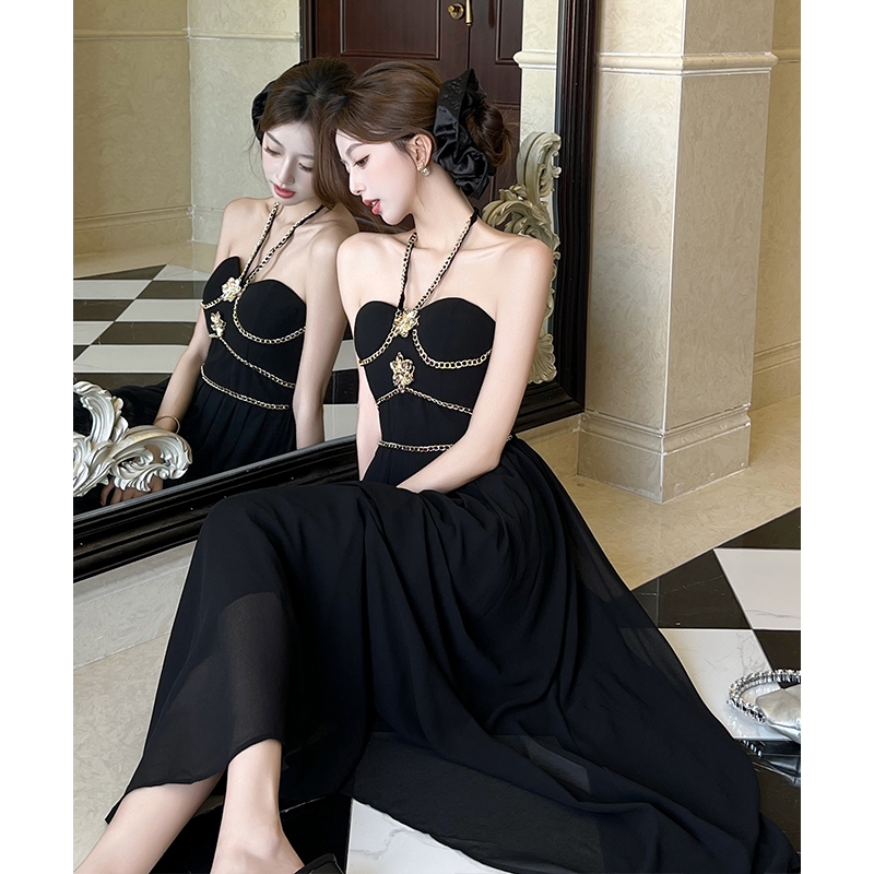 Halter chain decoration dress long slim strap dress