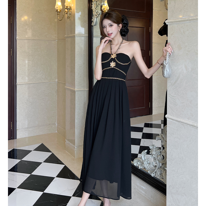 Halter chain decoration dress long slim strap dress