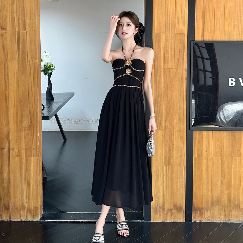Halter chain decoration dress long slim strap dress