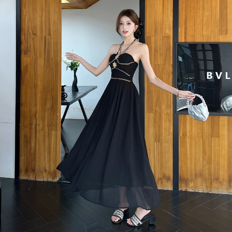 Halter chain decoration dress long slim strap dress