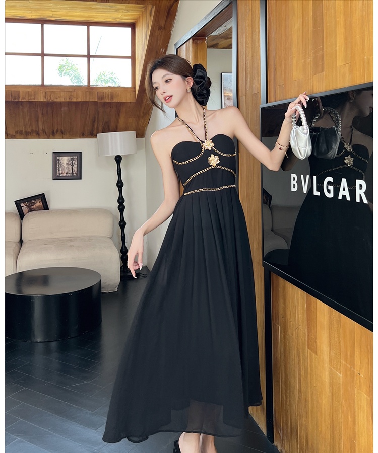 Halter chain decoration dress long slim strap dress