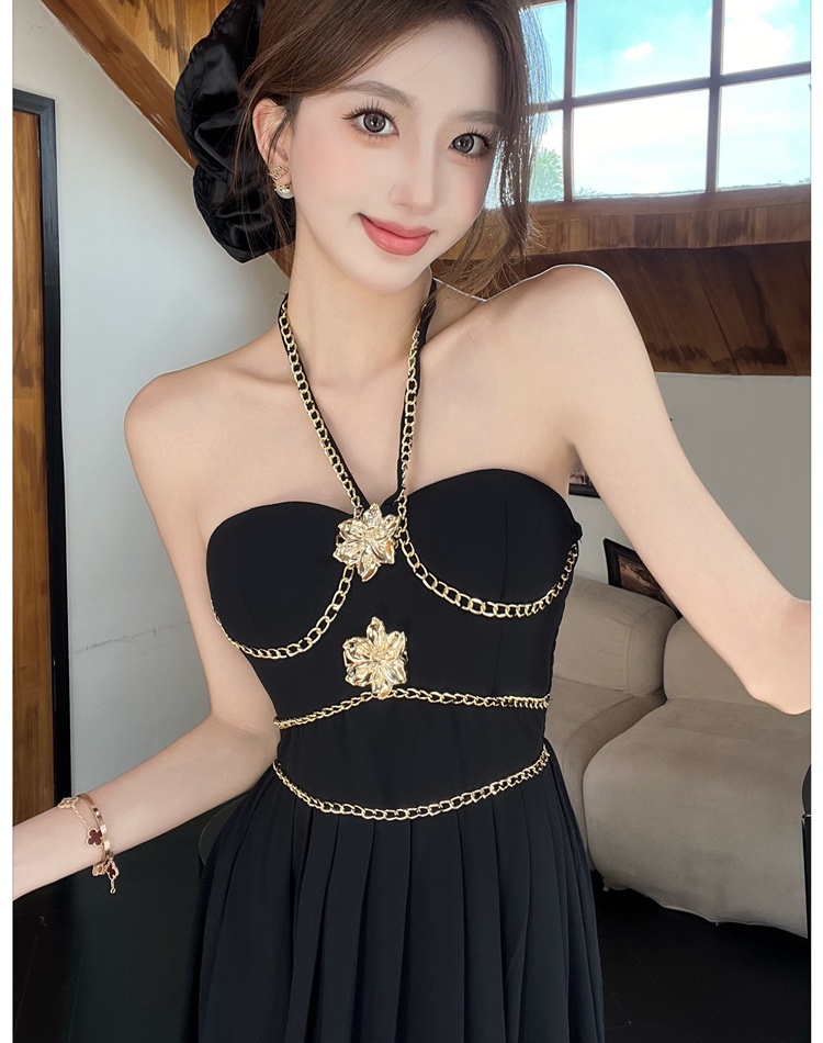 Halter chain decoration dress long slim strap dress