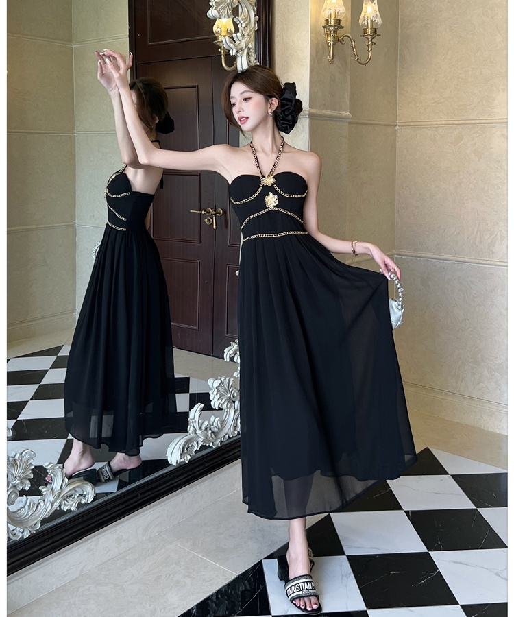 Halter chain decoration dress long slim strap dress