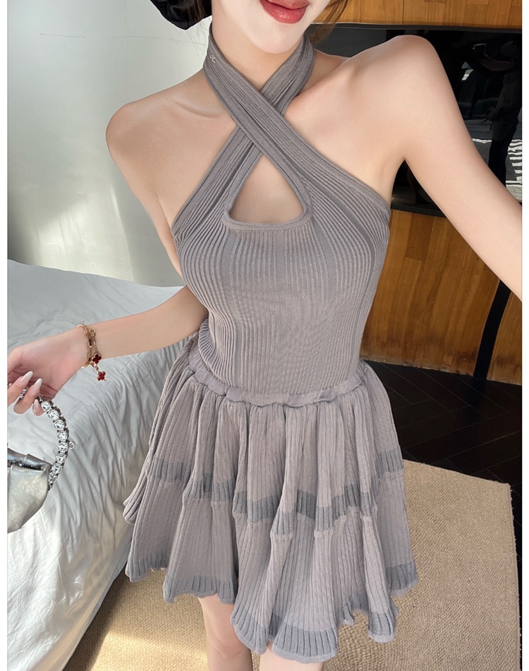 Cross knitted T-back halter slim formal dress for women