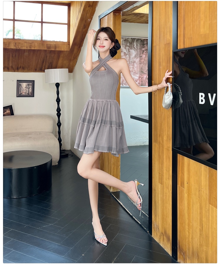 Cross knitted T-back halter slim formal dress for women