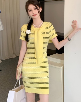 Stripe slim shawl package hip short sleeve dress a set