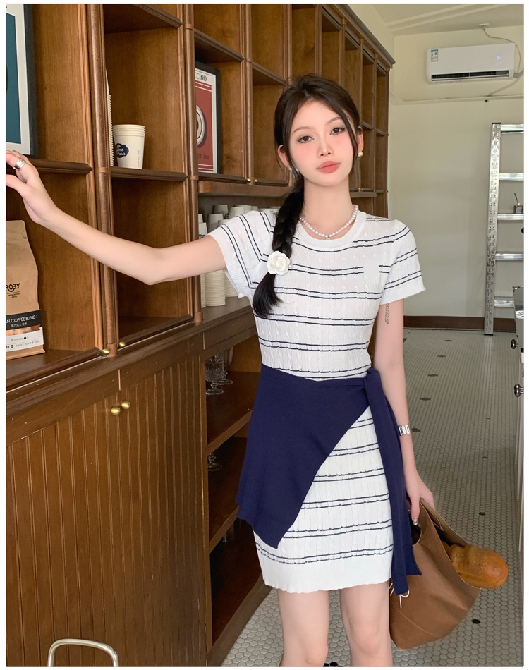 Stripe slim shawl package hip short sleeve dress a set