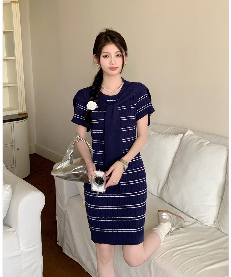 Stripe slim shawl package hip short sleeve dress a set