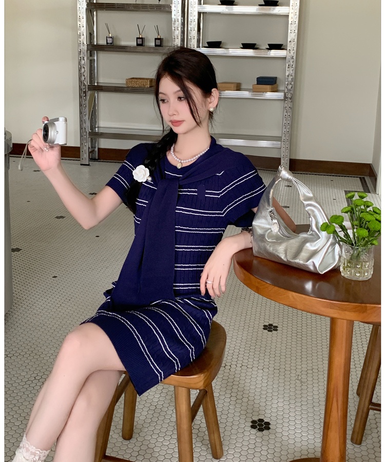 Stripe slim shawl package hip short sleeve dress a set