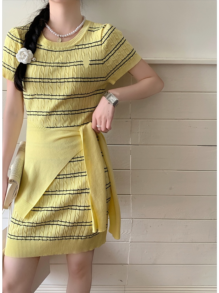 Stripe slim shawl package hip short sleeve dress a set