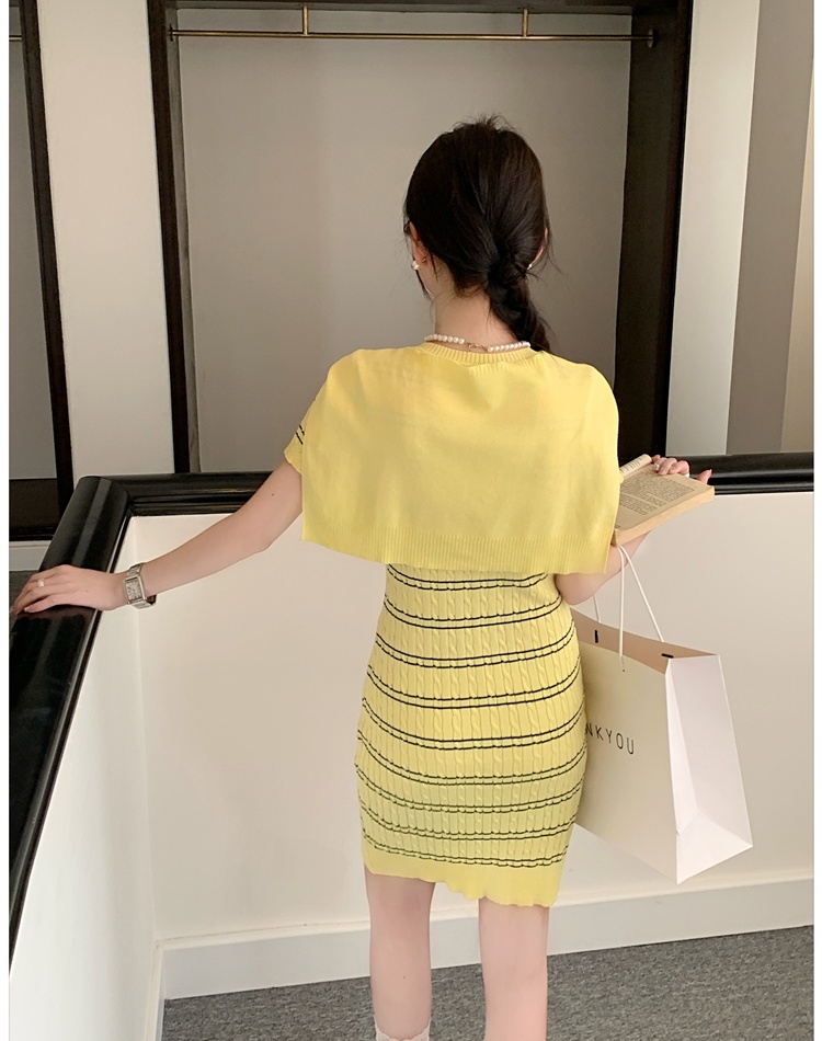 Stripe slim shawl package hip short sleeve dress a set