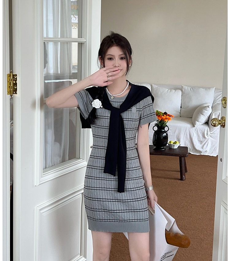 Stripe slim shawl package hip short sleeve dress a set
