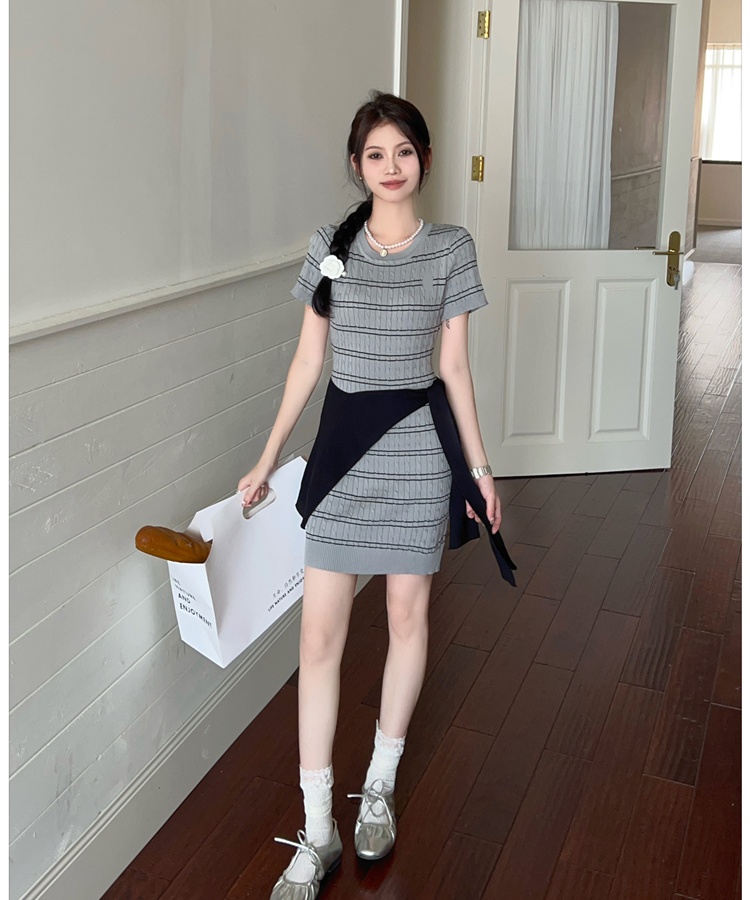 Stripe slim shawl package hip short sleeve dress a set