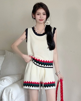 U-neck national style vest jacquard shorts 2pcs set
