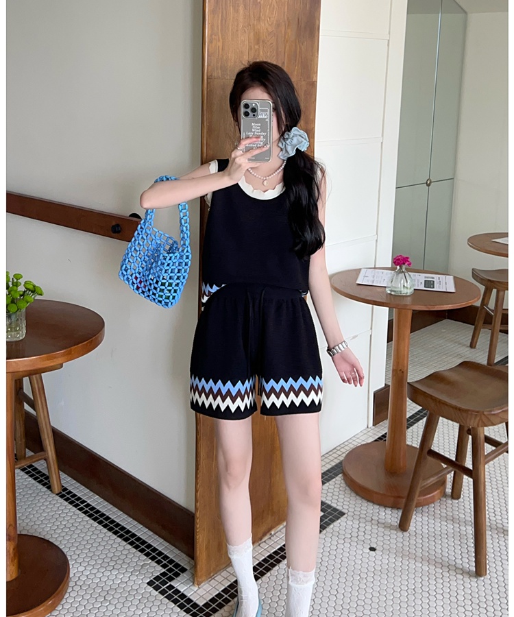 U-neck national style vest jacquard shorts 2pcs set