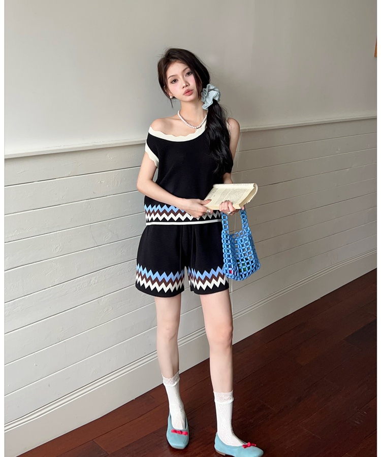 U-neck national style vest jacquard shorts 2pcs set