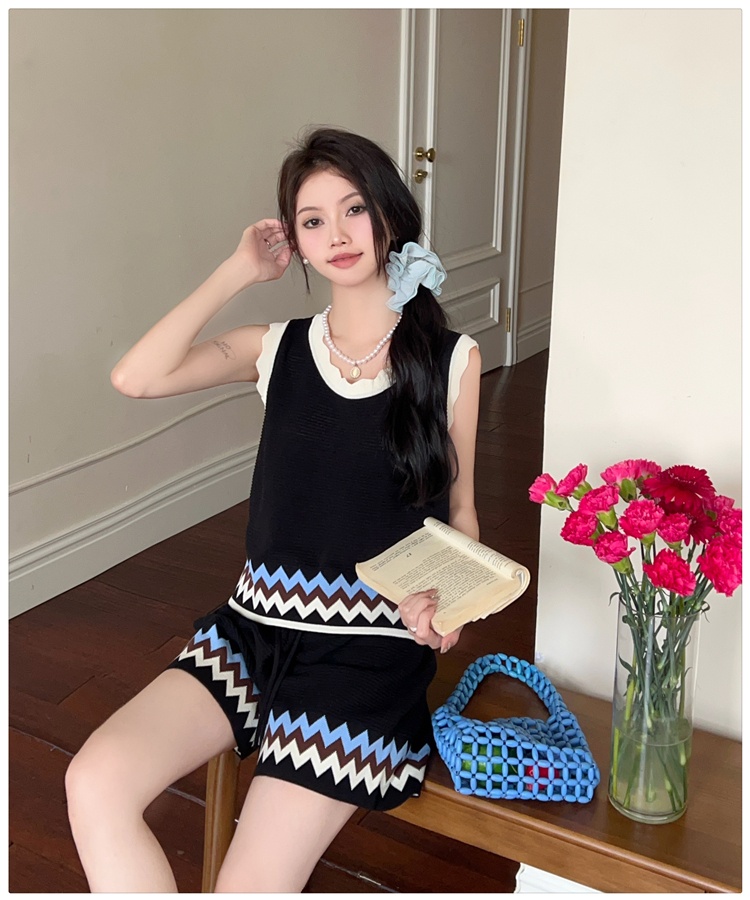 U-neck national style vest jacquard shorts 2pcs set