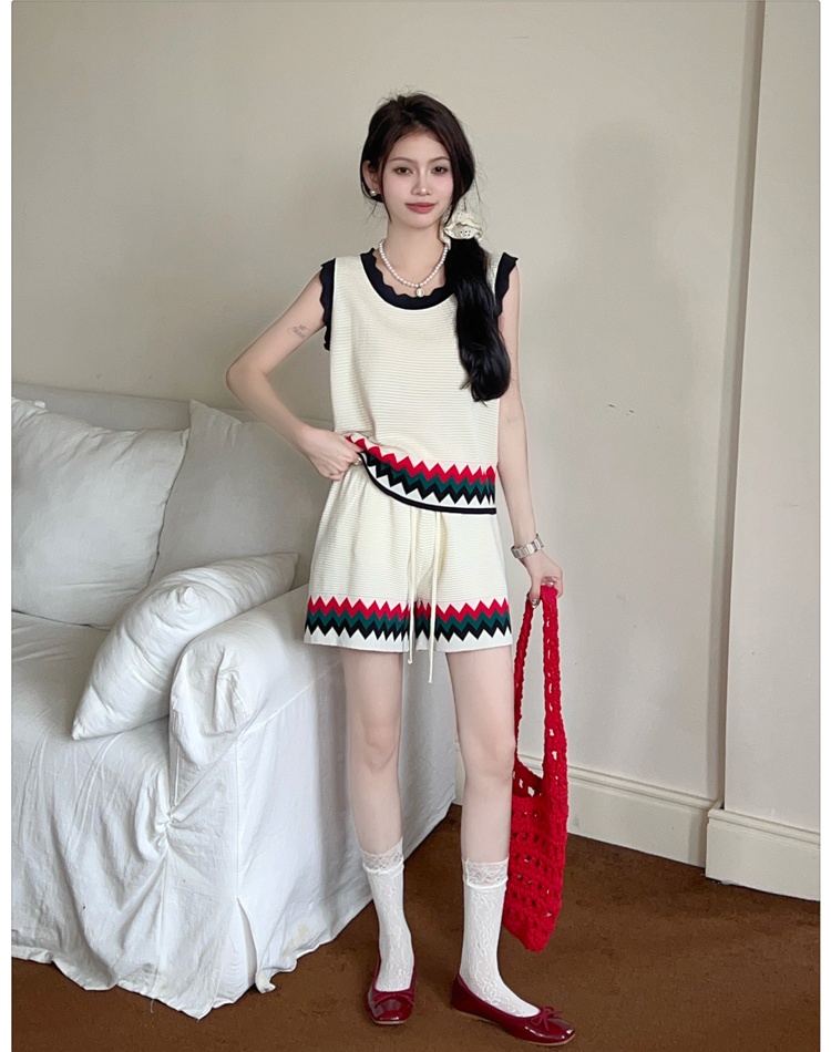 U-neck national style vest jacquard shorts 2pcs set