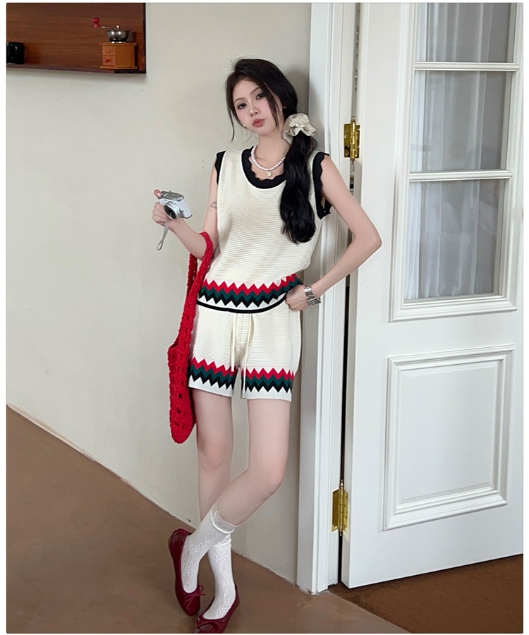 U-neck national style vest jacquard shorts 2pcs set