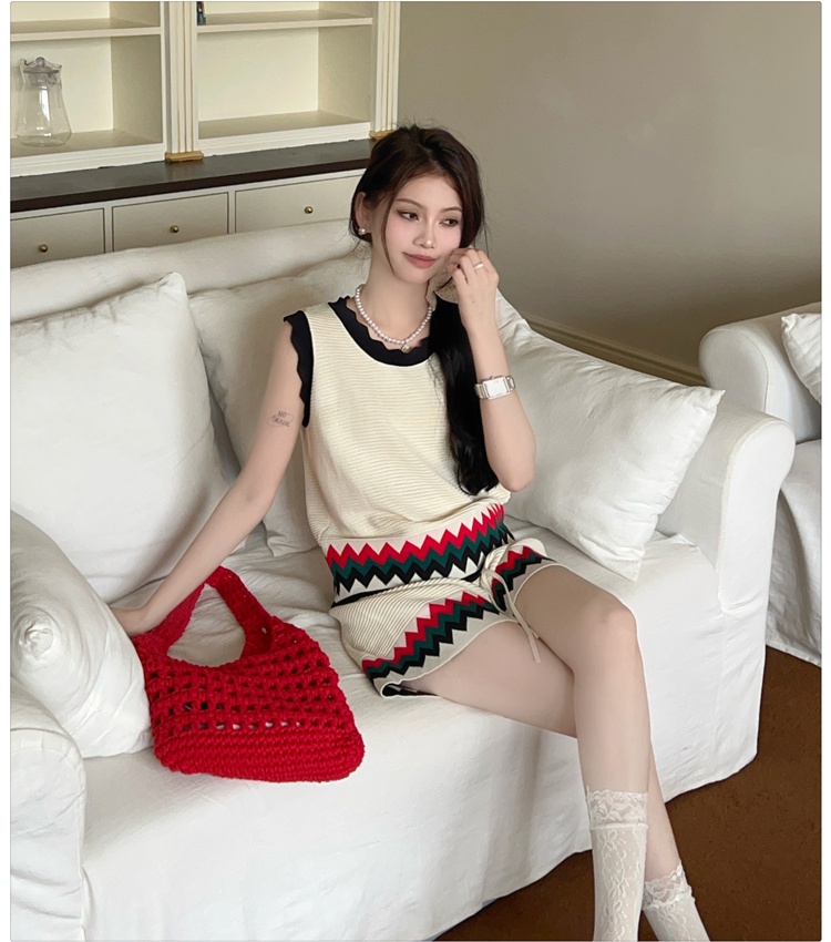 U-neck national style vest jacquard shorts 2pcs set