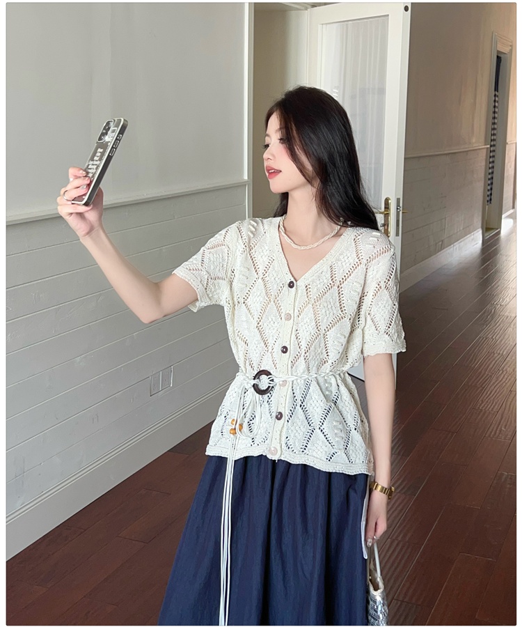 Slim knitted T-shirt hollow small shirt for women