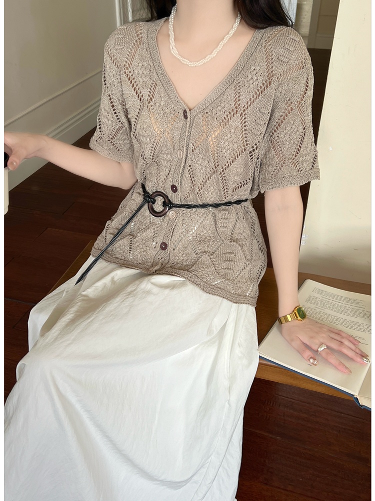 Slim knitted T-shirt hollow small shirt for women